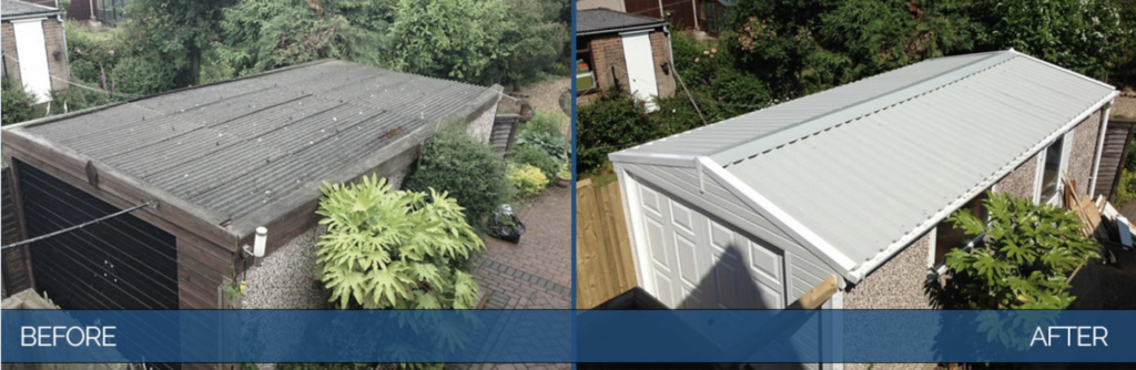 Before and after garage roof replacement